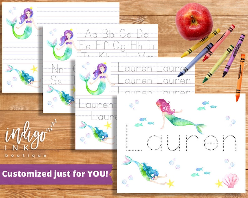 May include: Printable worksheet featuring a mermaid with a crown and a star. The worksheet includes tracing lines for the letters of the alphabet and the name "Lauren".