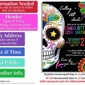 Day of the Dead Invitation DIGITAL DOWNLOAD Dia De Los Muertos Halloween Party Sugar Skull Halloween Invite Halloween Birthday image 2