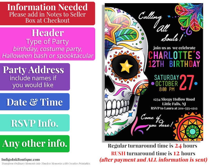 Day of the Dead Invitation DIGITAL DOWNLOAD Dia De Los Muertos Halloween Party Sugar Skull Halloween Invite Halloween Birthday image 2