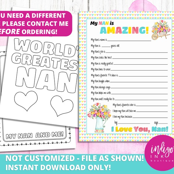 All About My Nan Kid Questionnaire Mothers Day Gift INSTANT DOWNLOAD | Happy Mother's Day Gift for Nan | Nan Printable | Nan Birthday