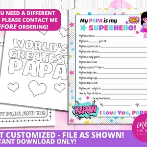 All About My Papa Printable INSTANT DOWNLOAD Fathers Day from Kid Papa Gift Happy Father's Day Gift image 1