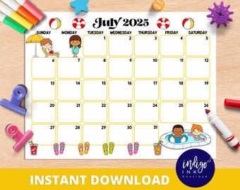 July Calendar INSTANT DOWNLOAD | Monthly Planner Digital Calendar | Kid Monthly Calendar Printable | Organization for Kids PDF Calendar