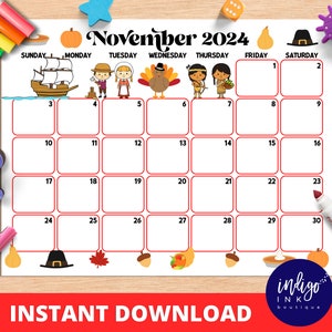 November Calendar INSTANT DOWNLOAD Monthly Planner Digital Calendar Kid Monthly Calendar Printable Organization for Kids PDF Calendar image 1