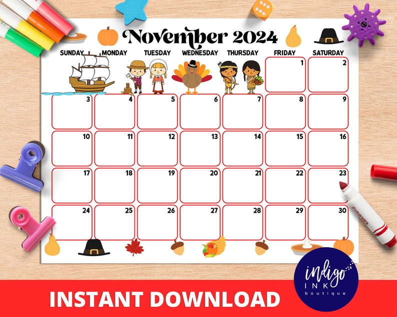 November Calendar INSTANT DOWNLOAD Monthly Planner Digital Calendar Kid Monthly Calendar Printable Organization for Kids PDF Calendar image 1