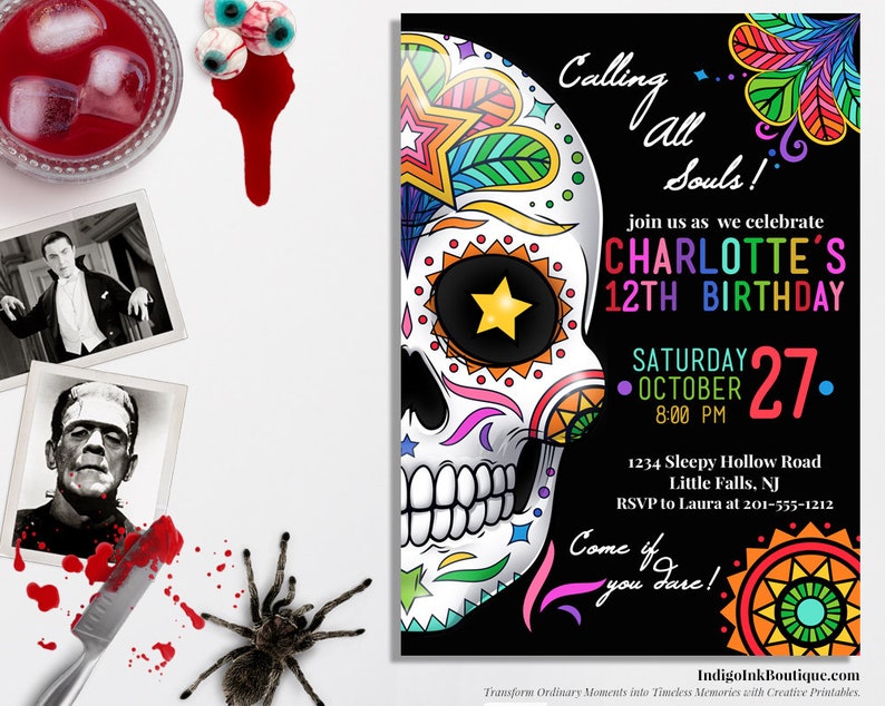 Day of the Dead Invitation DIGITAL DOWNLOAD Dia De Los Muertos Halloween Party Sugar Skull Halloween Invite Halloween Birthday image 1