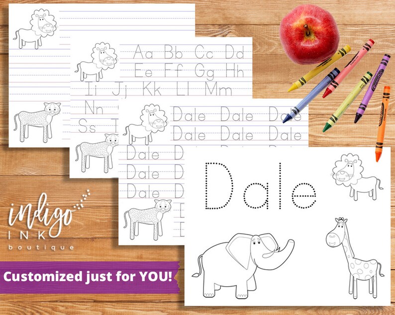 May include: A black and white printable worksheet with dotted lines for tracing the name "Dale". The worksheet also includes images of a lion, elephant, and giraffe for coloring.