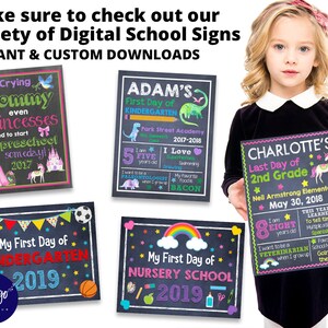 K&ouml;nnte beinhalten: Ein Satz druckbarer Schulschildchen mit Kreidetafelhintergr&uuml;nden. Die Schilder zeigen bunte Illustrationen und Texte, darunter "Stop Crying Mommy", "Adam's First Day of Kindergarten", "My First Day of Kindergarten", "My First Day of Nursery School" und "Charlotte's Last Day of 2nd Grade".