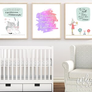 May include: Three framed art prints with inspirational quotes and illustrations. One features a girl with a bird, another a unicorn, and the third a colorful watercolor background with text. The prints are in a nursery setting.