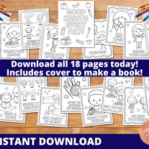Pode incluir: Um conjunto de 18 p&aacute;ginas para colorir imprim&iacute;veis com crian&ccedil;as e ilustra&ccedil;&otilde;es de bons h&aacute;bitos. As p&aacute;ginas incluem texto como "Lave as m&atilde;os!" e "Beba bastante &aacute;gua!" O t&iacute;tulo do conjunto &eacute; "Good Habits Every Day!" e o texto "Baixe todas as 18 p&aacute;ginas hoje! Inclui capa para fazer um livro!" &eacute; exibido abaixo das p&aacute;ginas para colorir.
