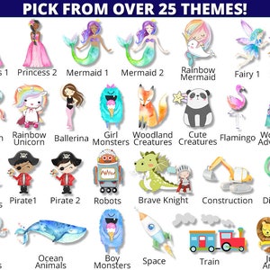 May include: A colorful chart with 25 different themes for a party or event. The themes include princesses, mermaids, unicorns, rainbows, ballerinas, monsters, woodland creatures, cute creatures, flamingos, woodland adventures, baby animals, pirates, robots, brave knights, construction, dinosaurs, circus animals, ocean animals, boy monsters, space, trains, and jungle animals.