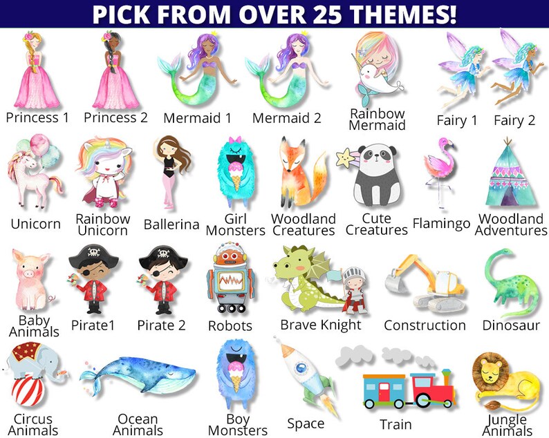 May include: A colorful chart with 25 different themes for a party or event. The themes include princesses, mermaids, unicorns, rainbows, ballerinas, monsters, woodland creatures, cute creatures, flamingos, woodland adventures, baby animals, pirates, robots, brave knights, construction, dinosaurs, circus animals, ocean animals, boy monsters, space, trains, and jungle animals.