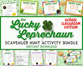 St Patricks Day SCHOOL Scavenger Hunt Activity Bundle | Leprechaun Printable Treasure Hunt | St Patty's Day Game INSTANT DOWNLOAD