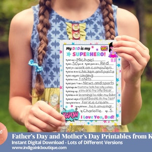 May include: A printable Father's Day card with a superhero theme. The card has a pink, blue, and yellow color scheme with stars and a "POW" graphic. The text on the card reads "My Dad is my Superhero!" and includes fill-in-the-blank prompts for the child to describe their dad.