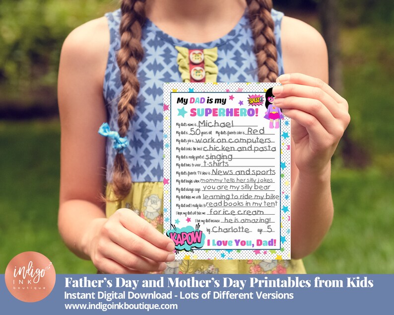 May include: A printable Father's Day card with a superhero theme. The card has a pink, blue, and yellow color scheme with stars and a "POW" graphic. The text on the card reads "My Dad is my Superhero!" and includes fill-in-the-blank prompts for the child to describe their dad.