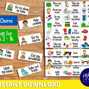 May include: A set of 75 colorful chore cards for kids, featuring illustrations and text. The cards are designed to help children learn about different chores and responsibilities around the house. The cards are great for ages 2-16. The text on the cards includes phrases like "Take a nap", "Wash my hands", "Go to sleep on time", "Help cooking", "Go to church", "Eat my breakfast", "Take out trash", "Blow my nose", "Brush my teeth", "Take my vitamins", "Put my pajamas on", "Put clothes in hamper", "Put laundry away", "Shoes and jacket", "Go potty", "Get dressed", "Take bath or shower", "Help with laundry", "Match socks", "Dust books", "Rake leaves", "Clear the table", "Do my homework", "Sports", "No hitting", "Walk dog", "Use my manners".