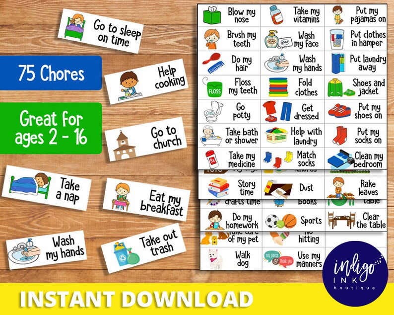 May include: A set of 75 colorful chore cards for kids, featuring illustrations and text. The cards are designed to help children learn about different chores and responsibilities around the house. The cards are great for ages 2-16. The text on the cards includes phrases like "Take a nap", "Wash my hands", "Go to sleep on time", "Help cooking", "Go to church", "Eat my breakfast", "Take out trash", "Blow my nose", "Brush my teeth", "Take my vitamins", "Put my pajamas on", "Put clothes in hamper", "Put laundry away", "Shoes and jacket", "Go potty", "Get dressed", "Take bath or shower", "Help with laundry", "Match socks", "Dust books", "Rake leaves", "Clear the table", "Do my homework", "Sports", "No hitting", "Walk dog", "Use my manners".