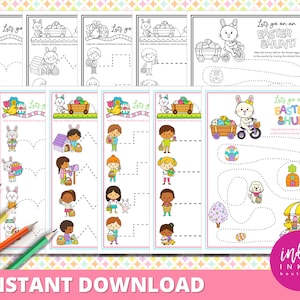 May include: A printable Easter-themed activity sheet for kids. The sheet features a bunny rabbit, Easter eggs, and a basket. The text on the sheet says "Let's go on an Easter Hunt!" and "Help the bunny deliver the Easter eggs to the market by tracing the dotted line."