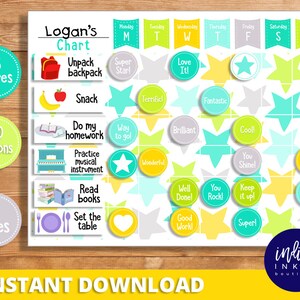 May include: A printable chore chart for kids with a colorful design featuring stars, a backpack, a book, a musical instrument, a plate, and a table. The chart includes the days of the week and phrases like "Super Star!" and "You Shine!" The chart is titled "Logan's Chart" and includes the text "75 Chores", "120 Buttons", and "2 Sizes".