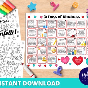 31 Days of Kindness Calendar INSTANT DOWNLOAD Gratitude Calendar for Kids Random Acts of Kindness Printable Calendar image 1