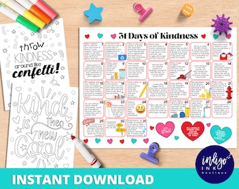Kalender 31 Days of Kindness INSTANT DOWNLOAD | Dankbaarheidskalender voor kinderen | Afdrukbare kalender voor Random Acts of Kindness