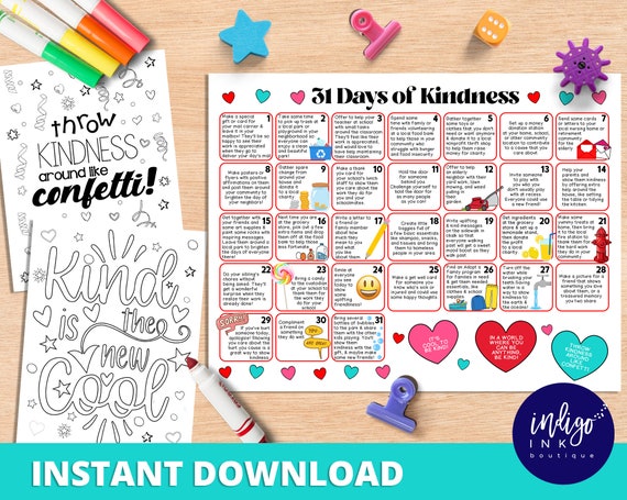 31 Days of Kindness Calendar INSTANT DOWNLOAD | Gratitude Calendar for ...