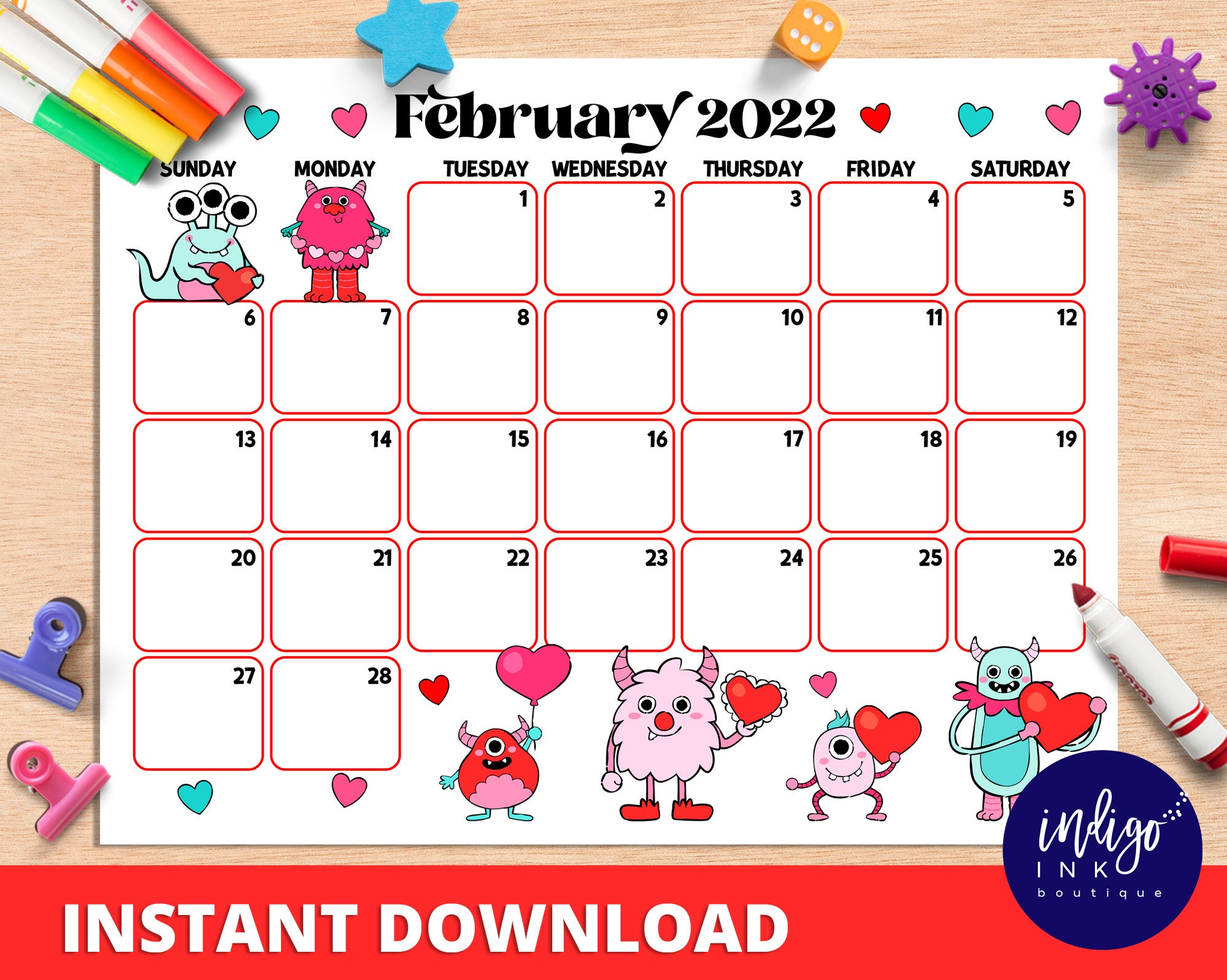 Feb 2022 Calendar Printable February 2022 Calendar Instant Download Monthly Planner | Etsy Singapore