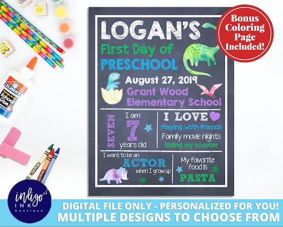 First Day of School Sign DIGITAL DOWNLOAD | 1st Day of School Printable | Dinosaur Sign Chalkboard Sign Il_570xn