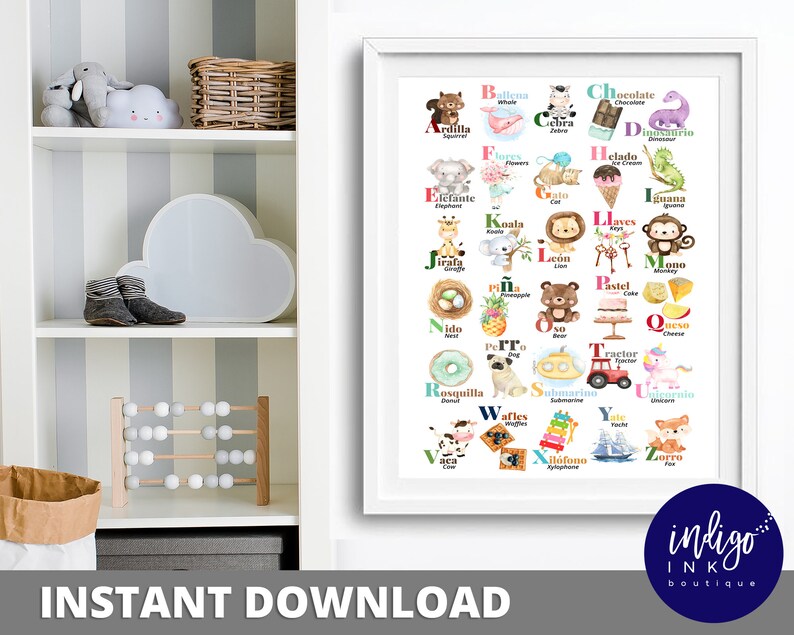 May include: A colorful alphabet chart featuring Spanish words and illustrations of animals, food, and objects. Each letter is paired with a corresponding image, such as a whale for "B" and a pineapple for "P".