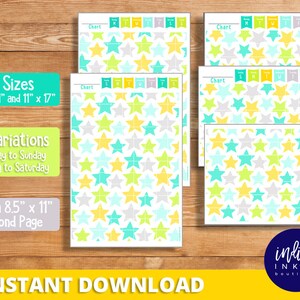 May include: Printable chart with a star pattern in yellow, gray, teal, and light blue. The chart is available in two sizes: 8.5 inches by 11 inches and 11 inches by 17 inches. The chart is also available in two variations: Monday to Sunday and Sunday to Saturday. The chart is for instant download.