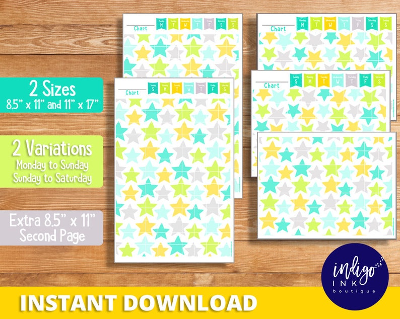 May include: Printable chart with a star pattern in yellow, gray, teal, and light blue. The chart is available in two sizes: 8.5 inches by 11 inches and 11 inches by 17 inches. The chart is also available in two variations: Monday to Sunday and Sunday to Saturday. The chart is for instant download.