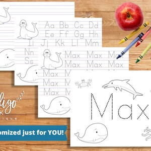 May include: Printable worksheet featuring the name Max written in dotted lines for tracing practice. The worksheet includes various sea creatures like a seal, whale, crab, dolphin, octopus, and a starfish. The alphabet is also included for practice.