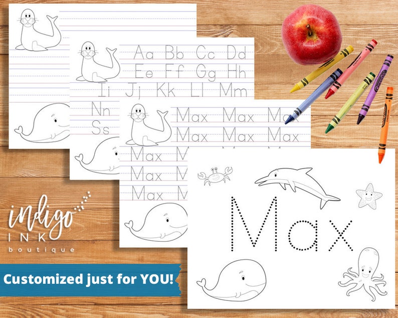 May include: Printable worksheet featuring the name Max written in dotted lines for tracing practice. The worksheet includes various sea creatures like a seal, whale, crab, dolphin, octopus, and a starfish. The alphabet is also included for practice.