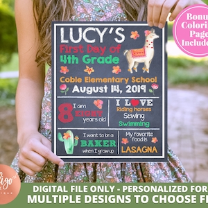 Llama First Day of School Sign DIGITAL DOWNLOAD | 1st Day of School Printable Custom Chalkboard Sign | Llama Sign