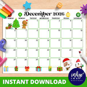 December Calendar INSTANT DOWNLOAD | Monthly Planner Digital Calendar | Kid Monthly Calendar Printable | Organization for Kids PDF Calendar