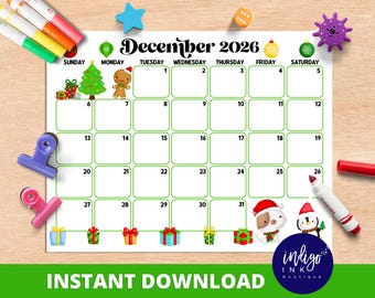 December Calendar INSTANT DOWNLOAD | Monthly Planner Digital Calendar | Kid Monthly Calendar Printable | Organization for Kids PDF Calendar