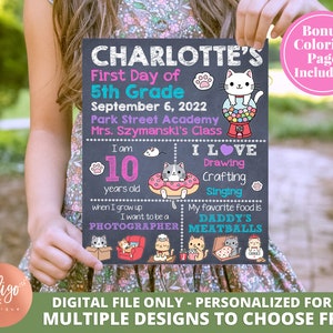 First Day of School Sign DIGITAL DOWNLOAD | 1st Day of School Printable Custom Chalkboard Sign | Cat Sign Personalized Sign