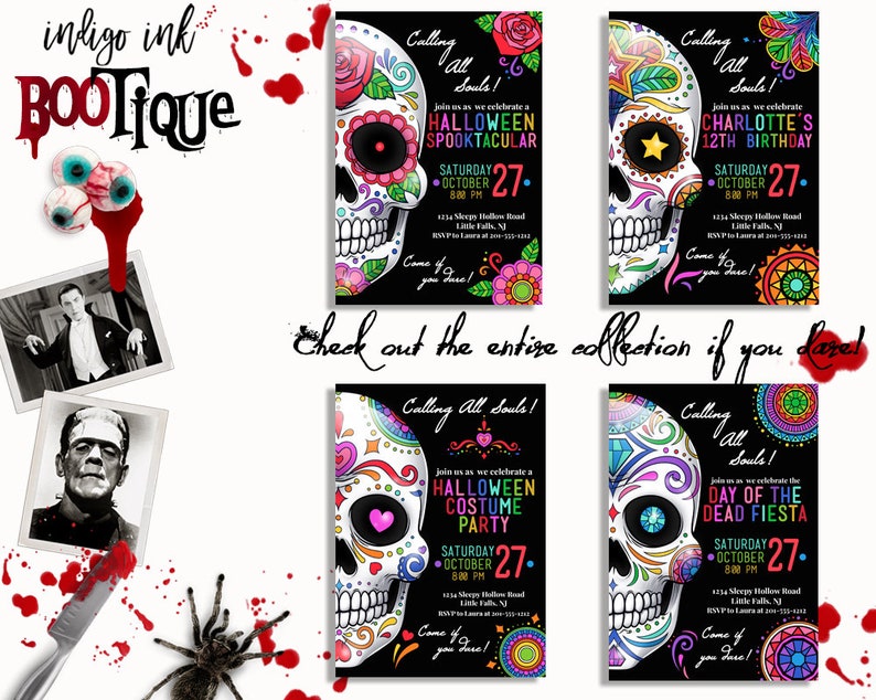 Pu&ograve; includere: Inviti a tema Halloween con colorati disegni di teschi di zucchero. Ogni invito presenta un design diverso, tra cui un Halloween Spooktacular, una festa di compleanno, una festa in costume e una Fiesta del Giorno dei Morti. Il testo recita "Calling all souls!"