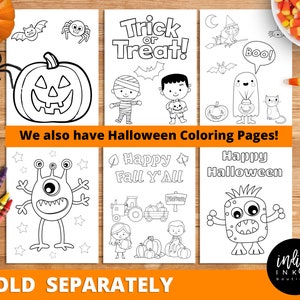 May include: Black and white coloring pages featuring Halloween themes, including a pumpkin, ghosts, monsters, and a trick or treat sign. The text "Happy Fall Y'all" and "Happy Halloween" are also included.