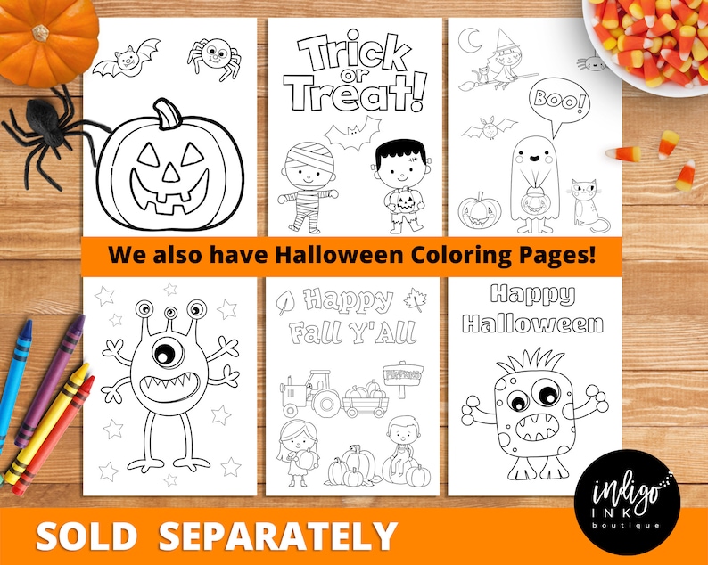 May include: Black and white coloring pages featuring Halloween themes, including a pumpkin, ghosts, monsters, and a trick or treat sign. The text "Happy Fall Y'all" and "Happy Halloween" are also included.