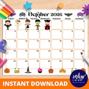 Pu&ograve; includere: Un calendario a tema Halloween per ottobre 2026, con personaggi e icone dei cartoni animati. Il calendario include illustrazioni di un pipistrello, un ragno e una zucca. Le parole "Download istantaneo" sono in basso.