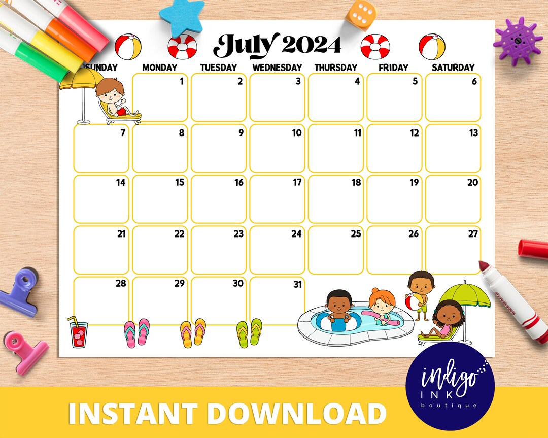 July Calendar INSTANT DOWNLOAD Monthly Planner Digital Calendar Kid ...