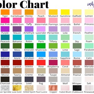May include: Color chart with 100 color swatches, each with a name. The colors are arranged in rows and columns, and the names are printed below each swatch. The chart is titled "Color Chart" and "indigo ink boutique" is printed in the top right corner.