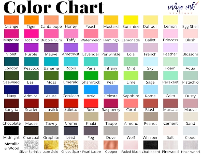 May include: Color chart with 100 color swatches, each with a name. The colors are arranged in rows and columns, and the names are printed below each swatch. The chart is titled "Color Chart" and "indigo ink boutique" is printed in the top right corner.