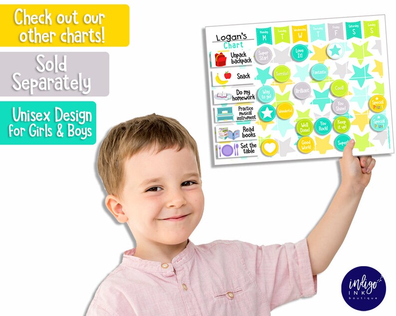 May include: A colorful printable chart for kids with the title "Logan's Chart" and a list of daily tasks including "Unpack backpack", "Super Star", "Love It", "Snack", "Do my homework", "Practice musical instrument", "Read books", and "Set the table".