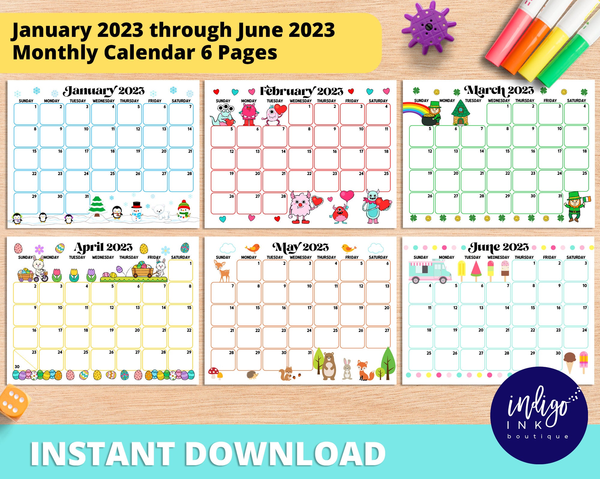 2023 Monthly Calendar Printable INSTANT DOWNLOAD January - Etsy Israel