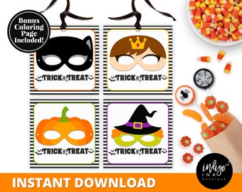 Halloween Treat Tags INSTANT DOWNLOAD | Halloween Mask Tags | Trick or Treat Halloween Favor Tags for Kids