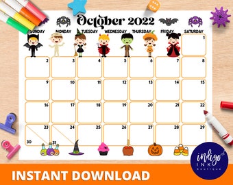 October Calendar Instant Download Monthly Planner Digital Etsy