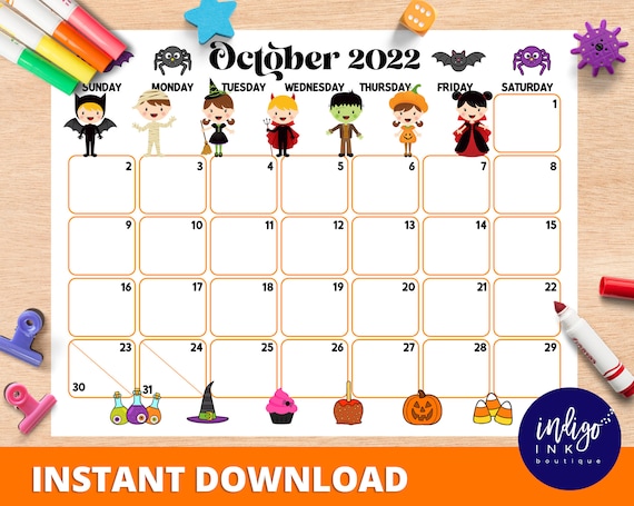 October Calendar INSTANT DOWNLOAD | Monthly Planner Digital Calendar | Kid Monthly Calendar Printable | Organization for Kids PDF Calendar Il_570xn