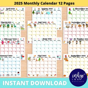 2025 Monthly Calendar Printable INSTANT DOWNLOAD | 2025 Calendar Kids Printable | Kids Monthly Calendar | Organization for Kid PDF Calendar
