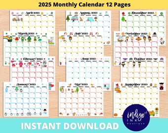 2025 Monthly Calendar Printable INSTANT DOWNLOAD | 2025 Calendar Kids Printable | Kids Monthly Calendar | Organization for Kid PDF Calendar